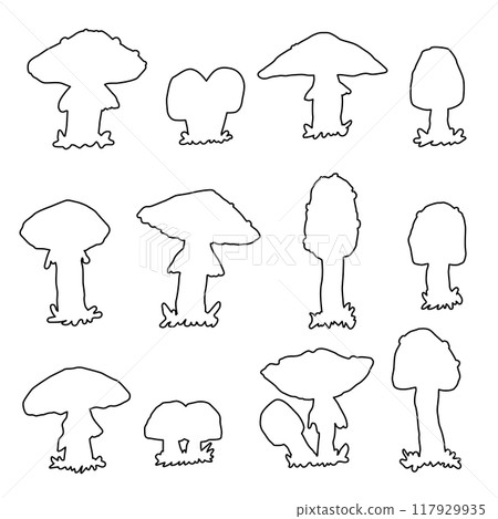 Black white line silhouette of isolated amanita toadstool mushrooms. Vector fly agaric one line illustration on a white background 117929935