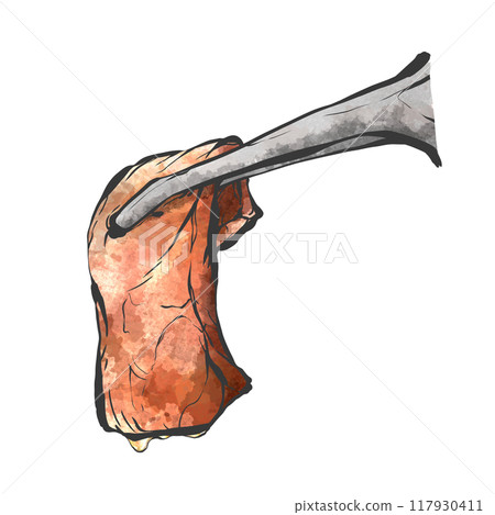 Hand-drawn illustration of meat being held with tongs 117930411