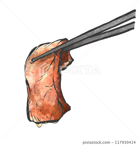 Hand-drawn illustration of meat being held by chopsticks 117930414