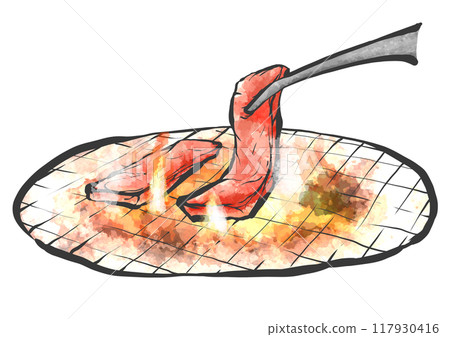 用鉗子烤肉的手寫畫筆繪畫風格插圖 117930416