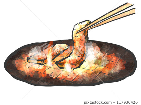 Hand-drawn brush-style illustration of grilled meat with chopsticks 117930420