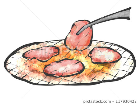 Hand-drawn illustration of grilled meat with tongs 117930422