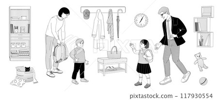 family parents father and mother are seeing their children, a boy and a girl, off to  primary school 117930554