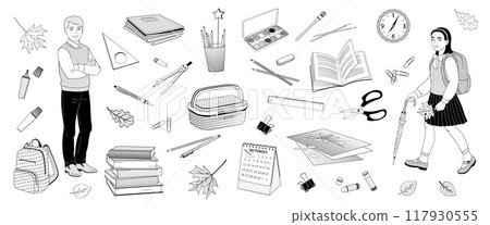 boys and girls of primary school age and a set of elements for study, pens, pencils, books, notebooks, compasses, scissors, brushes, paints, glue, lunch box 117930555
