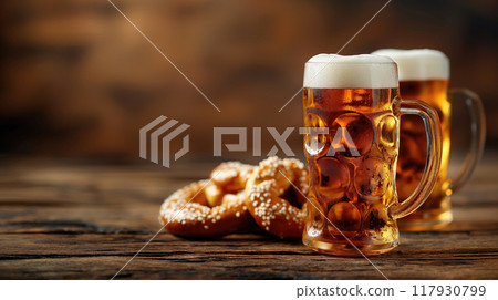 Beer and pretzels on wooden table. Beer and pretzels on wooden table. 117930799