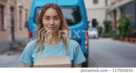 Young woman with cardboard box in the city. 117930830