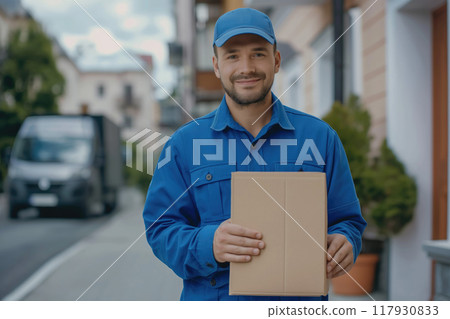 Portrait of a delivery man with cardboard box in the city 117930833