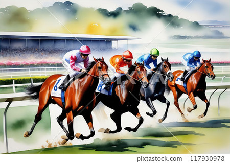 An attractive watercolor-style depiction of the atmosphere of a racetrack [AI-generated image] 117930978