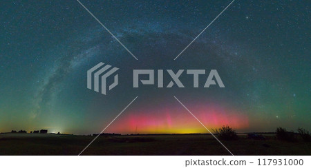 The Milky Way panorama with Northern lights - Aurora borealis The Milky Way panorama with Northern lights - Aurora borealis 117931000