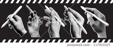 Vector collage set of halftone hands holding pencil. Retro elements in halftone style. 117931025