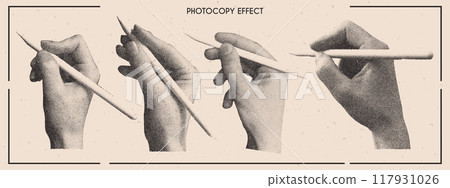 Vector collage set of photocopy hands holding pencil. Retro dots stipple effect. Vector collage set of photocopy hands holding pencil. Retro dots stipple effect. 117931026