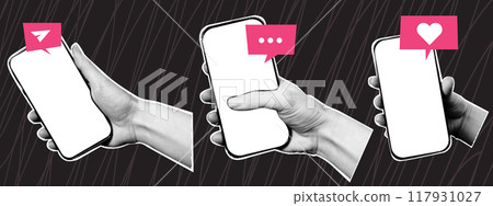 Set of halftone hands with phone and speech bubbles. Trendy collage elements in retro pop art style. Set of halftone hands with phone and speech bubbles. Trendy collage elements in retro pop art style. 117931027