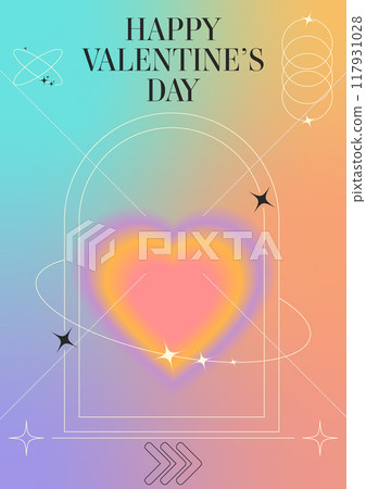 Happy Valentine's Day postcard template. Blurred gradient shapes. Hearts in trendy retro y2k style. Vector illustration Happy Valentine's Day postcard template. Blurred gradient shapes. Hearts in trendy retro y2k style. Vector illustration 117931028