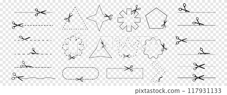 Collection of scissors with cut lines and geometric shapes. Vector design elements Collection of scissors with cut lines and geometric shapes. Vector design elements 117931133