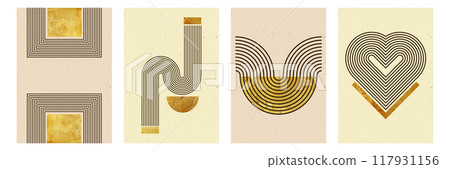 Set of abstract posters with stripe arches and geometric shapes. Vector background with golden texture in trendy bohemian style. 117931156