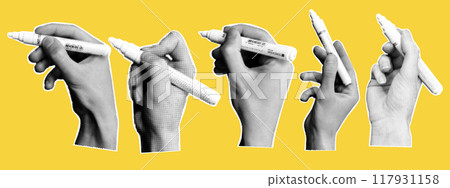 Trendy collage set with hands holding marker on yellow background. Retro dots halftone effect. Vector dots texture. 117931158