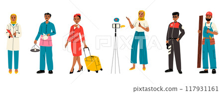Set of professions. Doctor, waiter, stewardess, vlogger, policeman, engineer, builder. Vector illustration Set of professions. Doctor, waiter, stewardess, vlogger, policeman, engineer, builder. Vector illustration 117931161