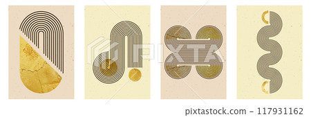 Set of abstract posters with line stripe zen arch and geometric shapes. Vector background with golden texture in trendy boho aesthetic. Set of abstract posters with line stripe zen arch and geometric shapes. Vector background with golden texture in trendy boho aesthetic. 117931162