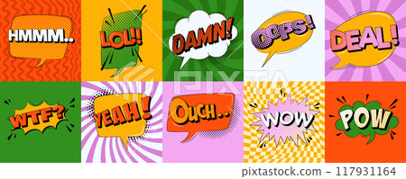 Comic speech bubbles in trendy pop art style. 117931164