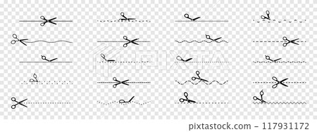 Collection of scissors cut dashed, zigzag, wavy and straight lines. Vector Icons 117931172
