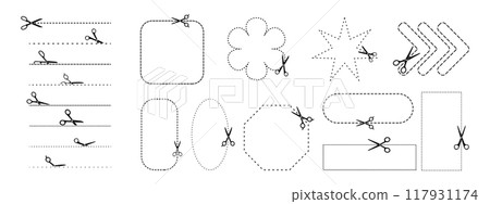 Scissors with dotted cut lines and geometric shapes. Cut here symbol. Scissors with dotted cut lines and geometric shapes. Cut here symbol. 117931174