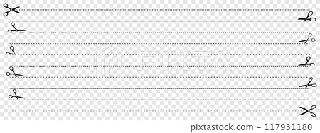 Set of vector scissors cutting dotted lines on transparent background. Cut here symbols Set of vector scissors cutting dotted lines on transparent background. Cut here symbols 117931180