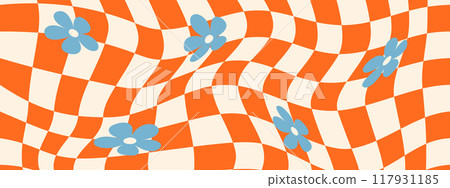 Groovy psychedelic chessboard with flower in trendy retro trippy style. Y2k aesthetic. Vector illustration Groovy psychedelic chessboard with flower in trendy retro trippy style. Y2k aesthetic. Vector illustration 117931185