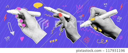 Collage hands with marker and doodle elements. Trendy halftone style. Grunge punk collection. Collage hands with marker and doodle elements. Trendy halftone style. Grunge punk collection. 117931196