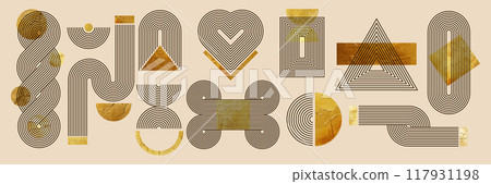 Set of geometric zen arch and abstract shapes with stripe pattern and golden texture. Vector elements in trendy boho aesthetic. 117931198