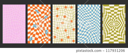Collection of groovy hippie checkerboard in trendy retro psychedelic style. Y2k aesthetic. Vector illustration Collection of groovy hippie checkerboard in trendy retro psychedelic style. Y2k aesthetic. Vector illustration 117931206