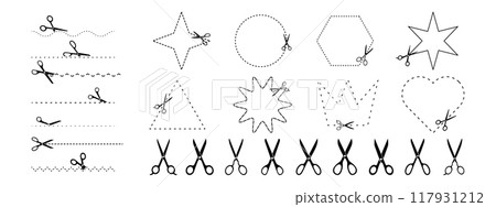 Set of scissors with cut lines and geometric shapes. Cut here symbol. Set of scissors with cut lines and geometric shapes. Cut here symbol. 117931212