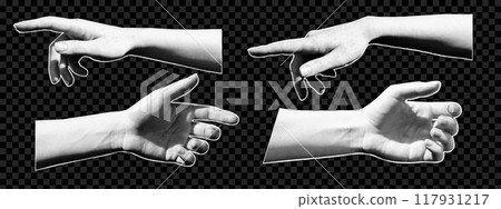 Set of halftone human hands. Y2k collage design. Pop art paper cut element 117931217