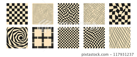 Black and white groovy psychedelic checkerboard set in trendy retro 1970s style. Y2k aesthetic. Vector illustrations isolated on white background. Black and white groovy psychedelic checkerboard set in trendy retro 1970s style. Y2k aesthetic. Vector illustrations isolated on white background. 117931237