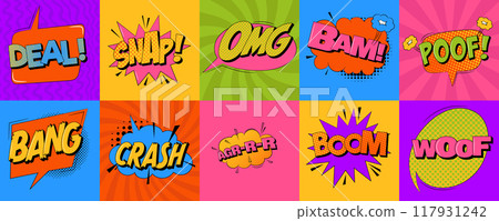 Comic sound speech effect bubbles set in trendy pop art style. 117931242