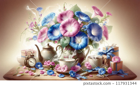 Antique flower arrangement with September birth flower Morning Glories in a vintage photo  117931344