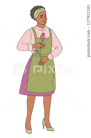 florist African American female character women in apron with  rose flower 117931381