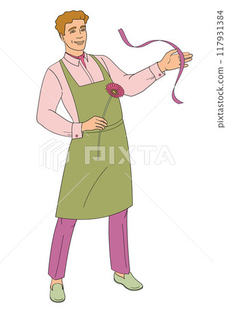 florist male character, man in apron with ribbon and gerbera flower florist male character, man in apron with ribbon and gerbera flower 117931384