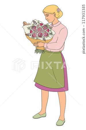 florist female character, women in apron with bouquet of roses flowers florist female character, women in apron with bouquet of roses flowers 117931385