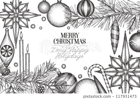 Christmas Hand Drawn Vector Greeting Card Design Template. Vintage Style Botanical Illustration. Winter Holidays Plants Xmas Banner. 117931473