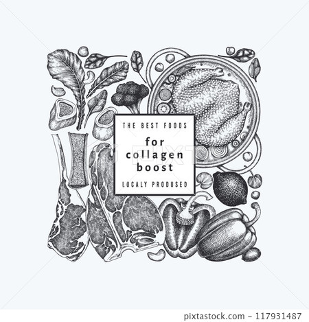 Collagen Diet Design Template. Vector Hand Drawn Healthy Food Banner. Vintage Style Collagen Bust  Menu Illustration. 117931487
