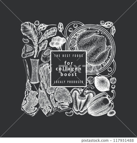 Collagen Diet Chalk Board Design Template. Vector Hand Drawn Healthy Food Banner. Vintage Style Collagen Bust Menu Illustration. Collagen Diet Chalk Board Design Template. Vector Hand Drawn Healthy Food Banner. Vintage Style Collagen Bust Menu Illustration. 117931488