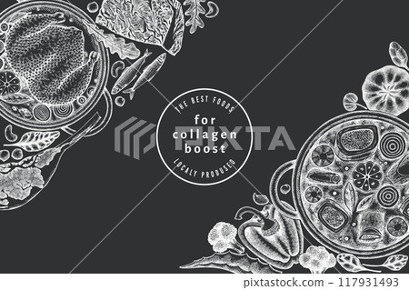 Collagen Diet Chalk Board Design Template. Vector Hand Drawn Healthy Food Banner. Vintage Style Collagen Bust Menu Illustration. 117931493