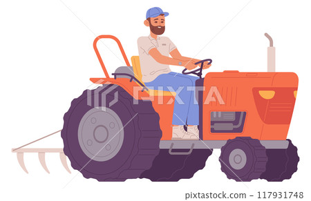 Man riding tractor. Farmer character. Field work 117931748