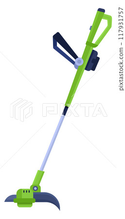 Lawn mower icon. Cartoon green gardener machine Lawn mower icon. Cartoon green gardener machine 117931757