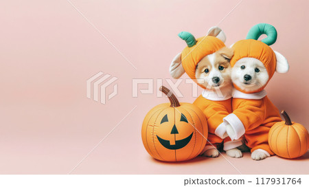Funny Puppy dog in halloween festival costume on pastel background. Halloween Concept. 117931764