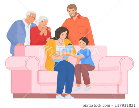 Happy family with newborn. Different generation together 117931821