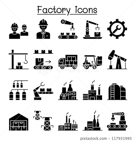 Factory and Industrial icons set in glyph style Factory and Industrial icons set in glyph style 117931995