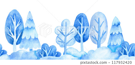 watercolor seamless border with winter trees and fir trees, snowdrifts. Christmas frame, winter, new year. watercolor seamless border with winter trees and fir trees, snowdrifts. Christmas frame, winter, new year. 117932420