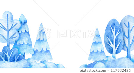 watercolor border with winter trees and fir trees, snowdrifts. Christmas frame, winter, new year. 117932425