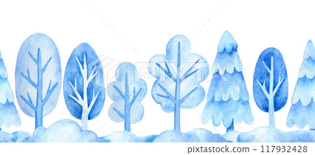 watercolor seamless border with winter trees and fir trees, snowdrifts. Christmas frame, winter, new year. 117932428